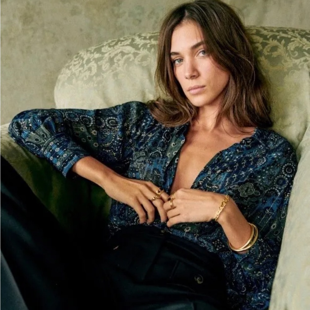 Sezane tianna button up shirt Arizona print with metallic threads